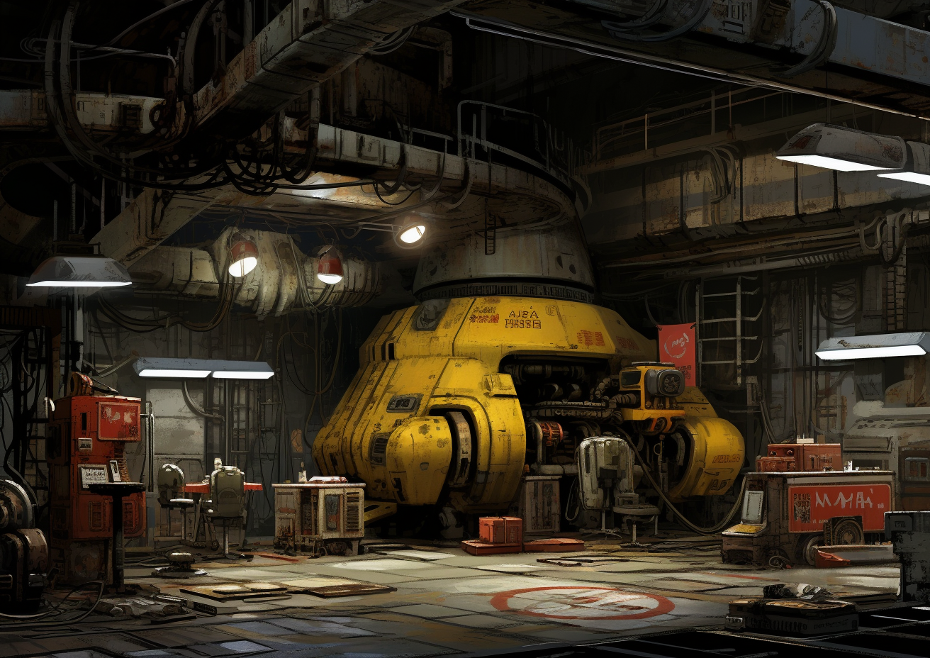 Interior of grungy robot repair station with giant robot