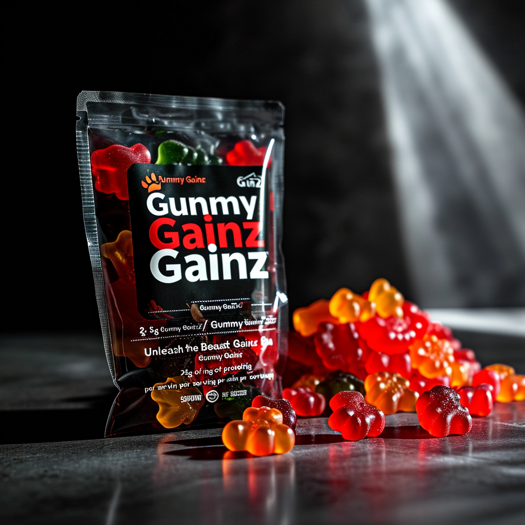 Gummy Gainz packaging with flexing gummy bear