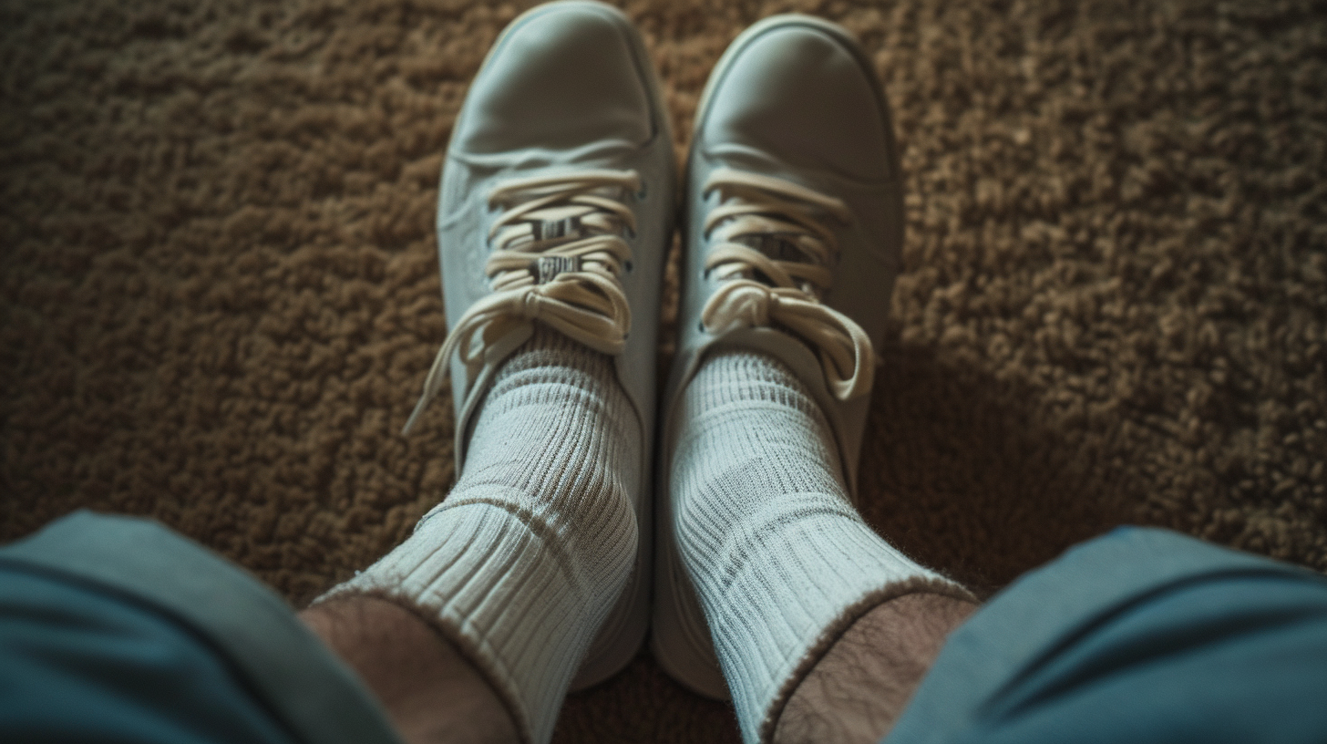 Close up of guy's feet in white worn socks