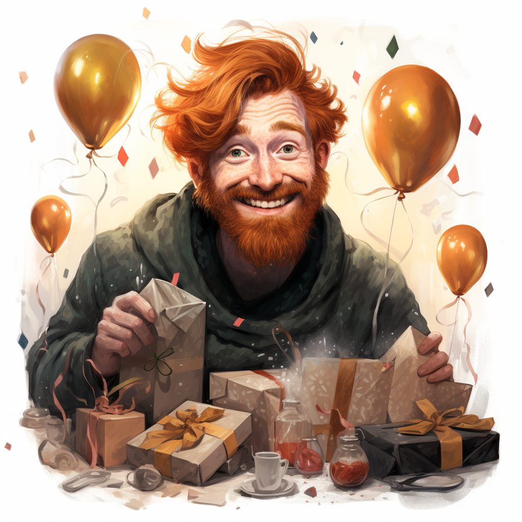 Redhead guy quickly wrapping New Year presents