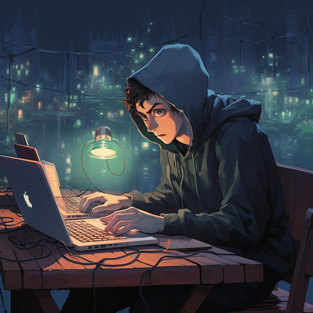 Hacker with Two Laptops - Ghibli Style