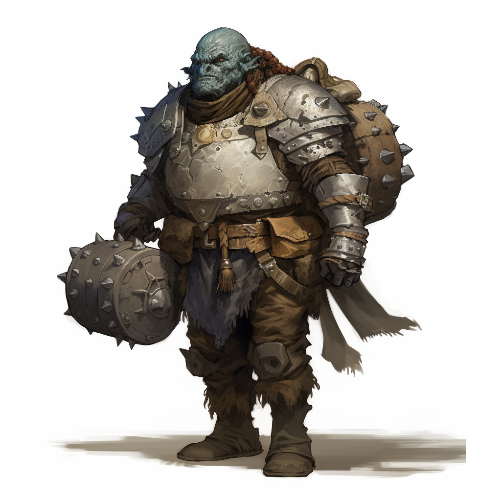 Mighty half-giant in armor with trinkets