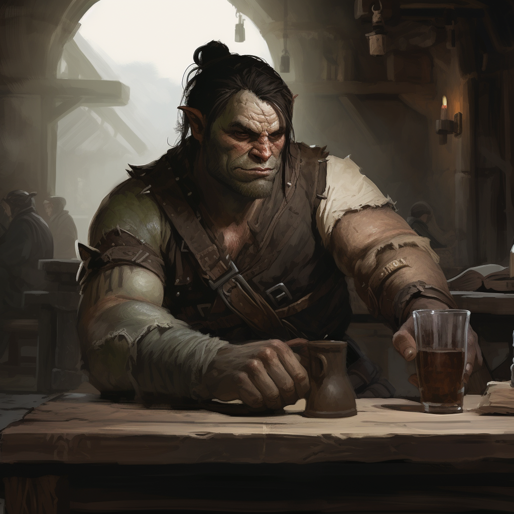 Grey Half-orc Barbarian in Tavern