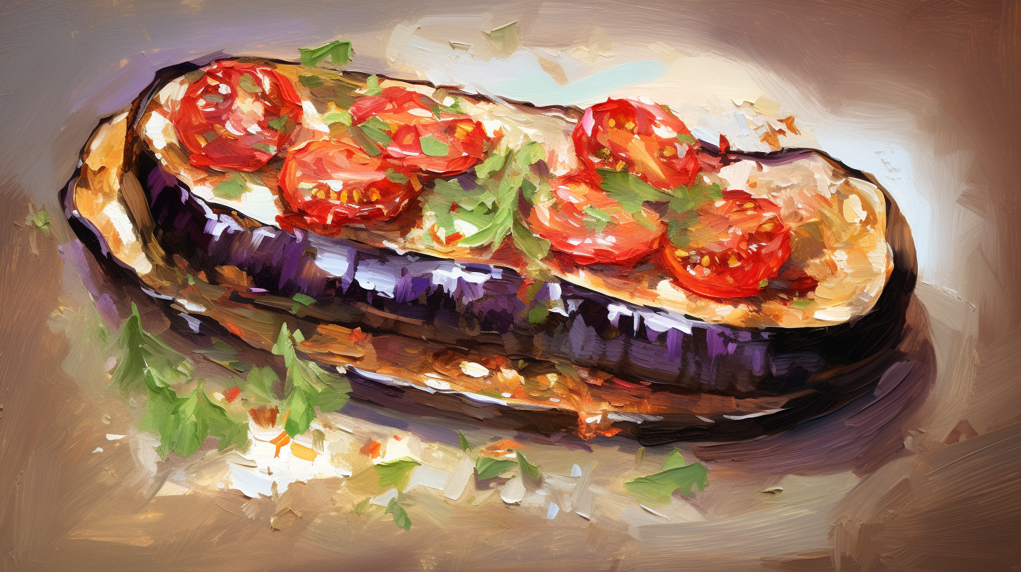 half stuffed eggplant with tomato slices