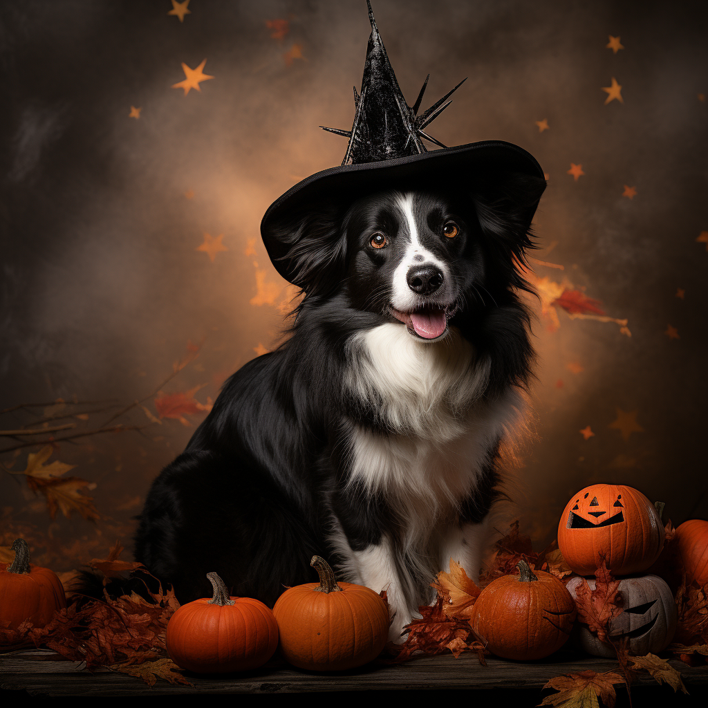 Border collie on Halloween broom decoration