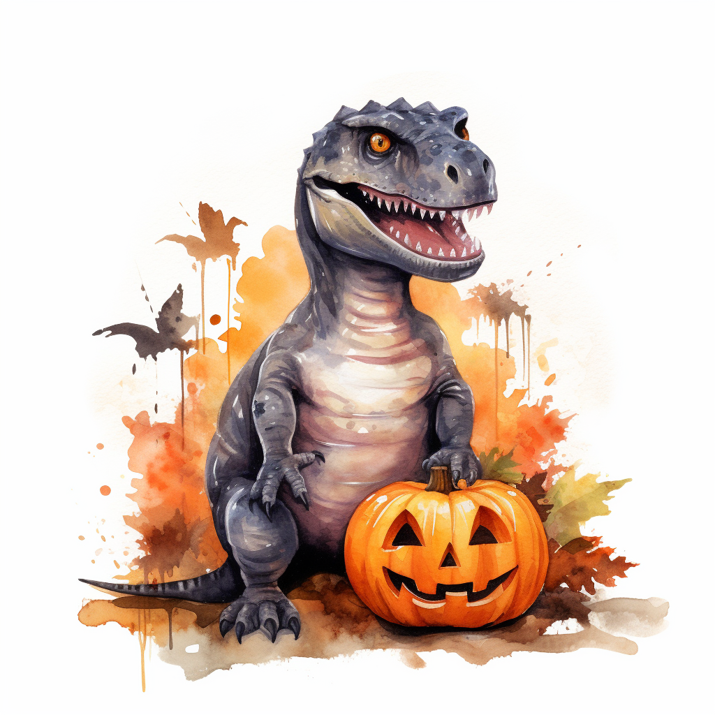 Halloween dinosaur among pumpkin patch