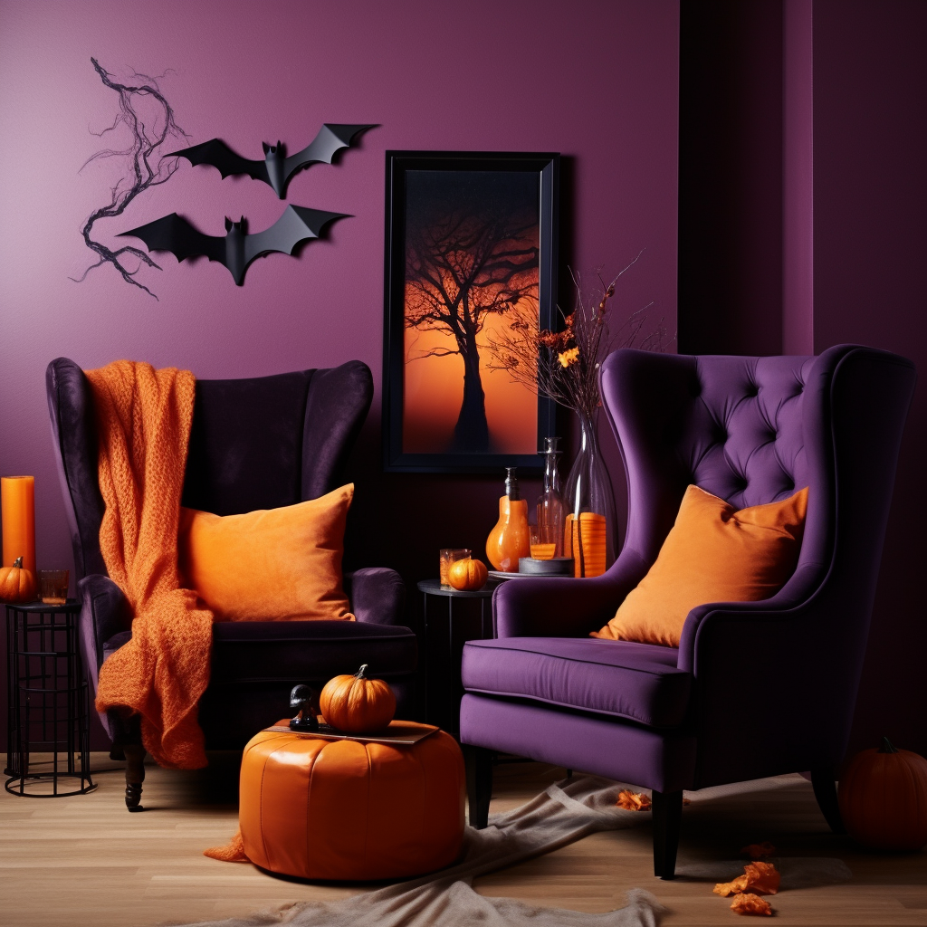 Purple and orange Halloween interior decor