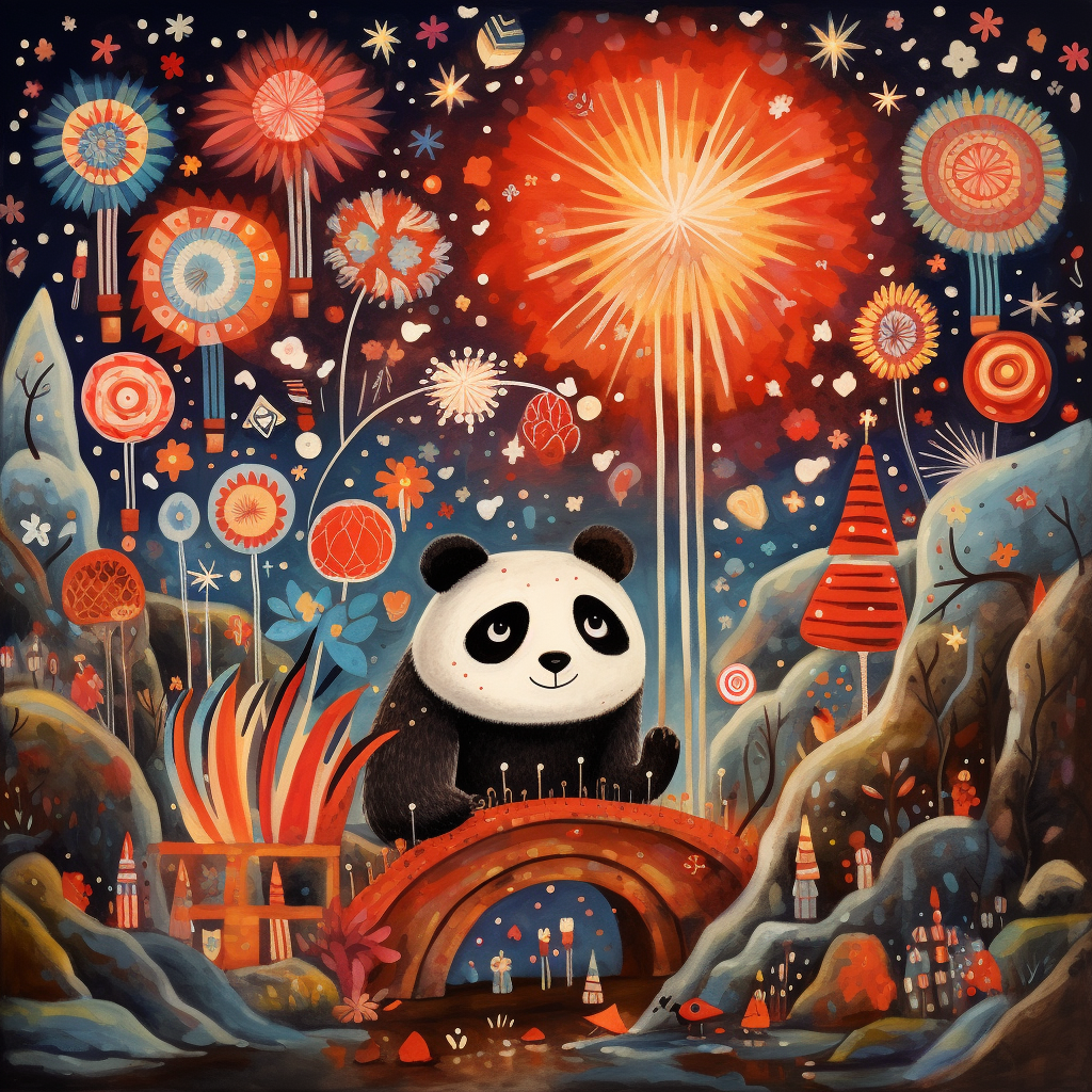 Panda wearing fireworks with glowing eyes