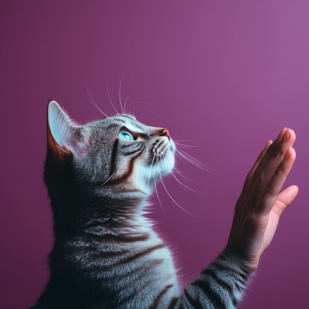 Hand Stroking Cat on Purple Background