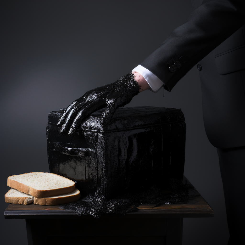 Hand in black glove emerging from bread bin