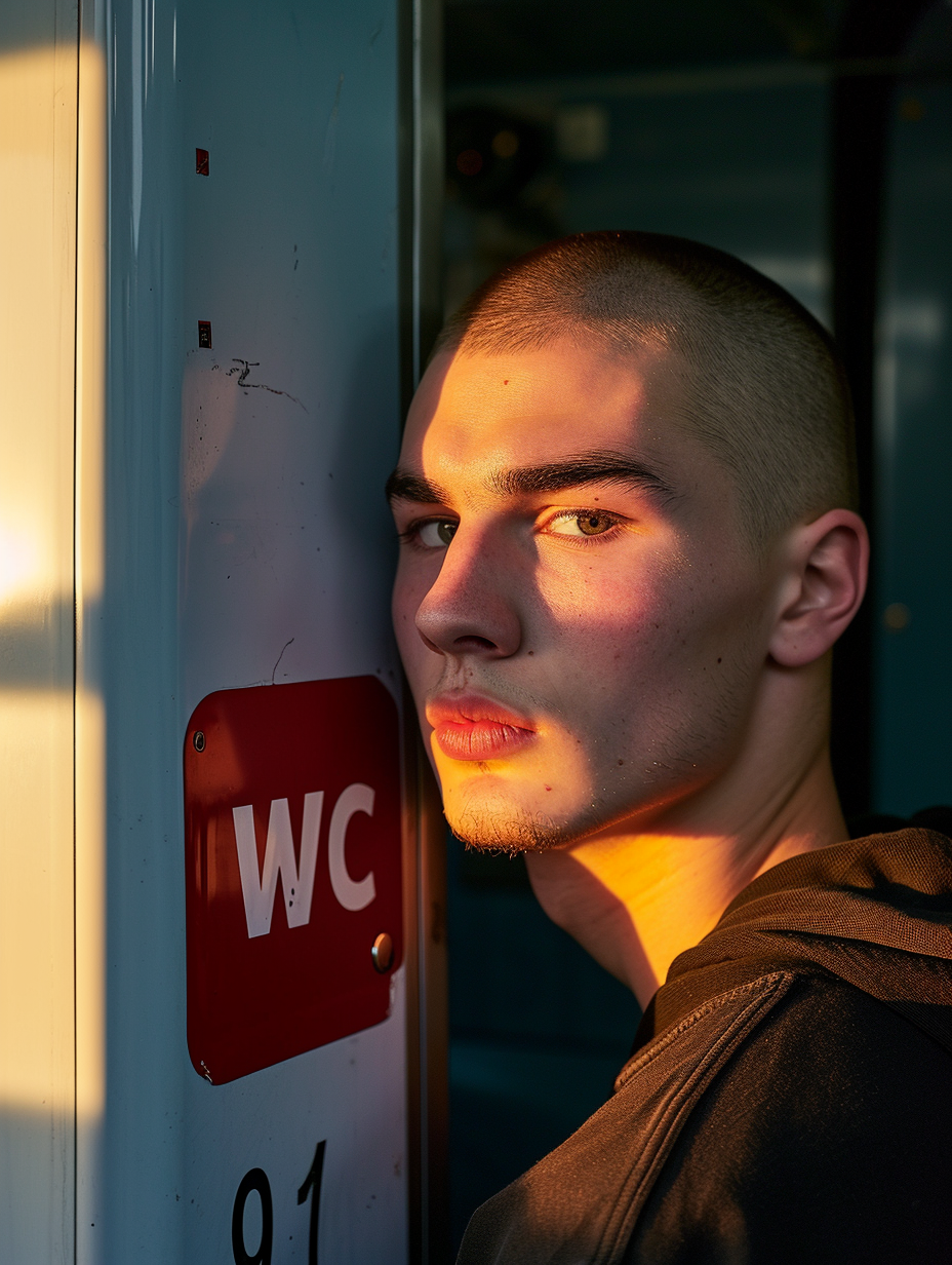 Handsome guy leaning on train bathroom door with WC sign