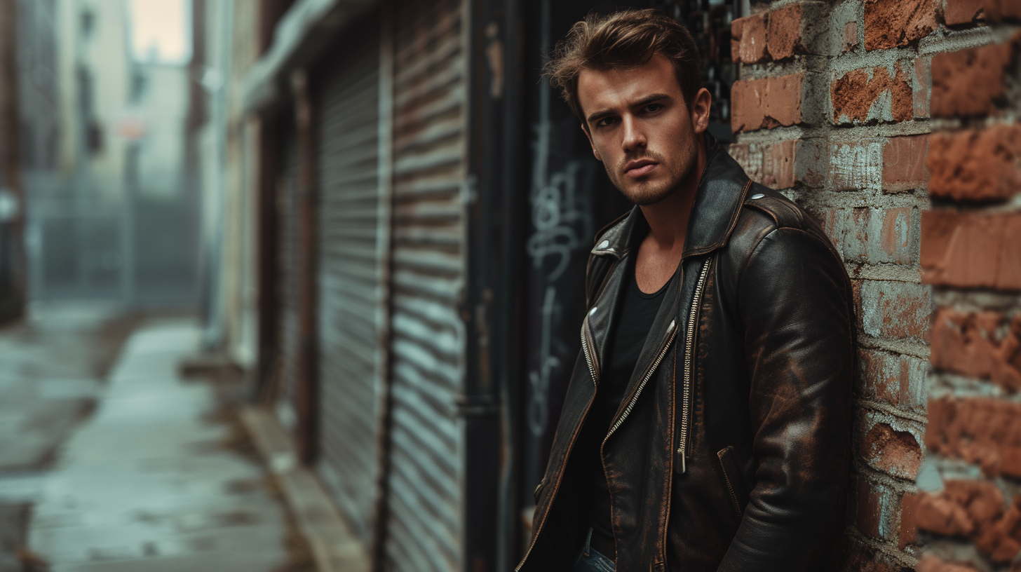 Handsome male model in vintage leather jacket on street