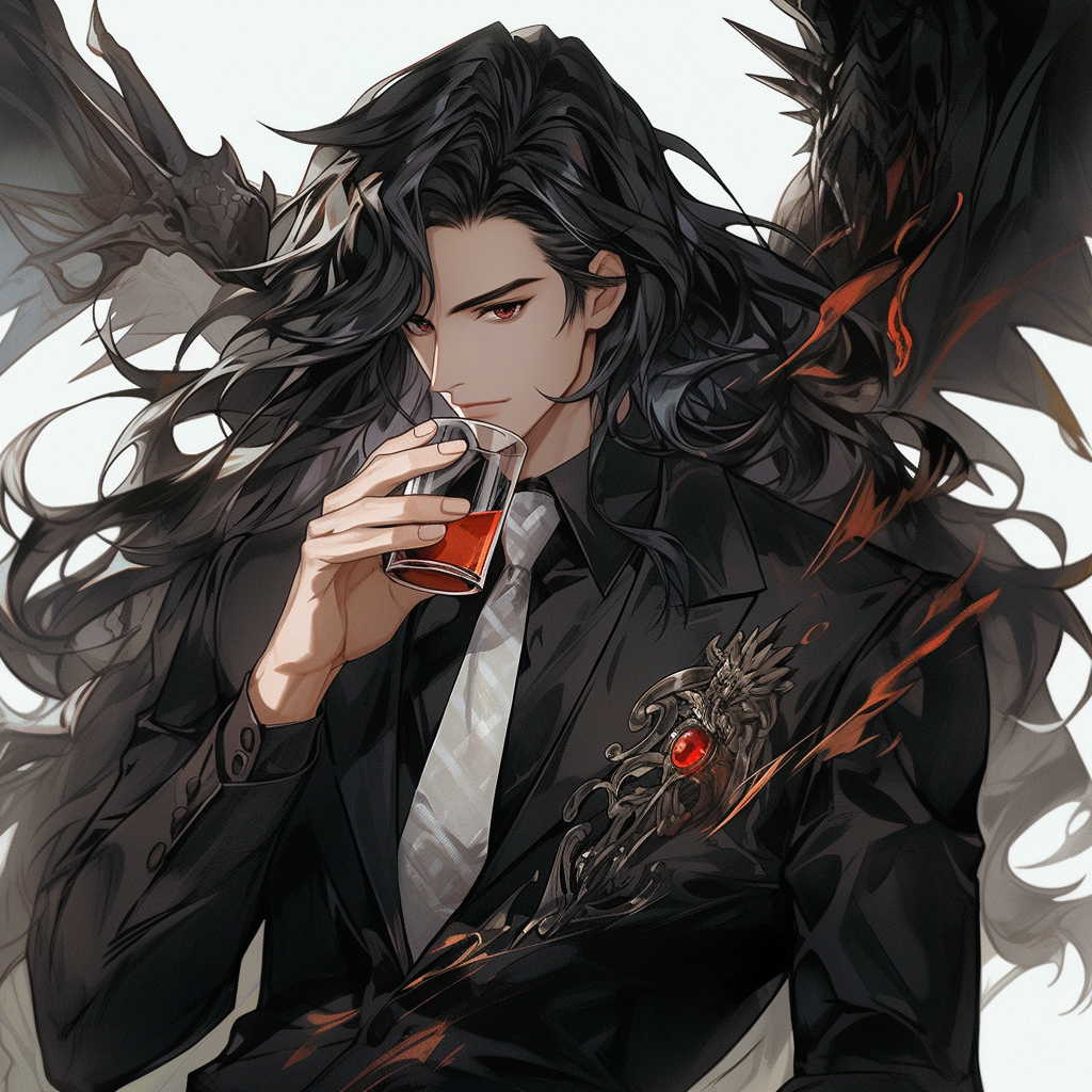 Stylish man with black dragon wings holding a glass of whiskey