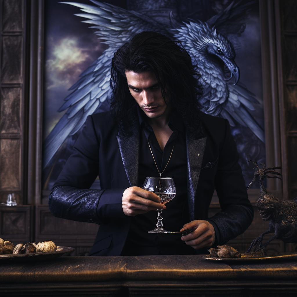 Handsome man in black suit with whiskey and magpie