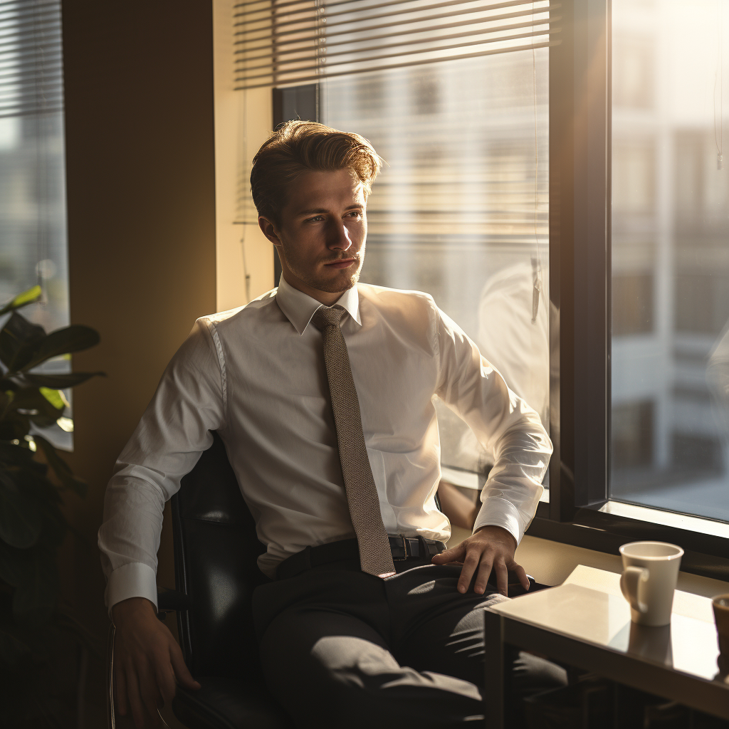 Handsome man working near office window