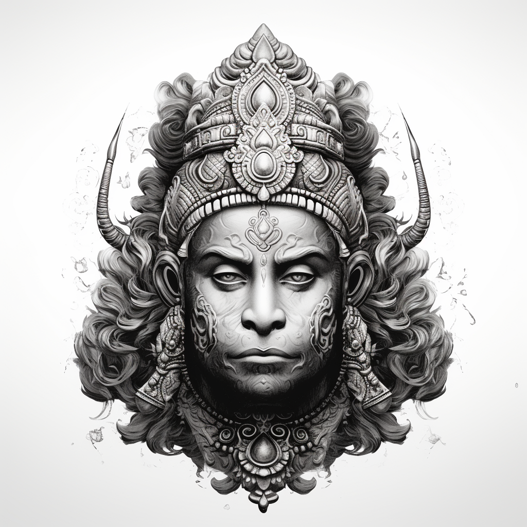 Black and white rendition of powerful Hanuman