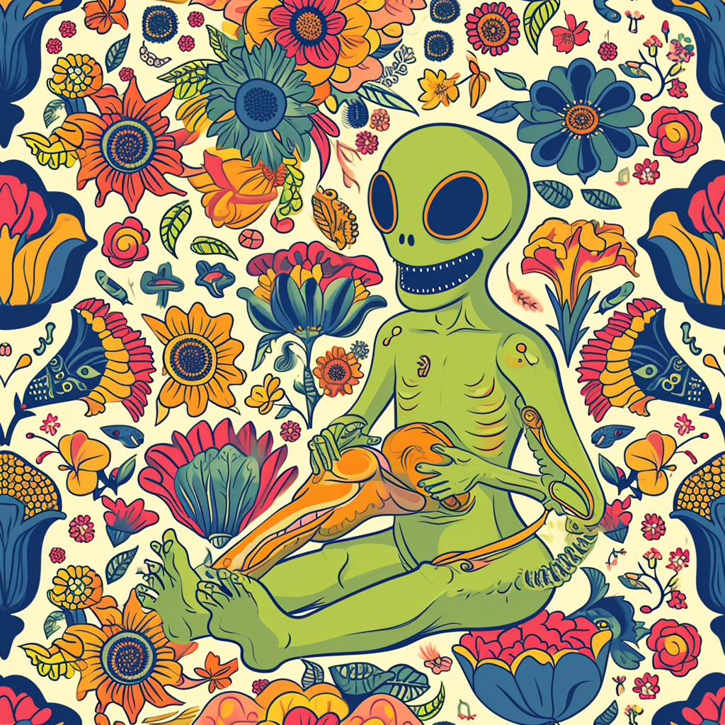 Floral pattern with happy alien eating miniature human body