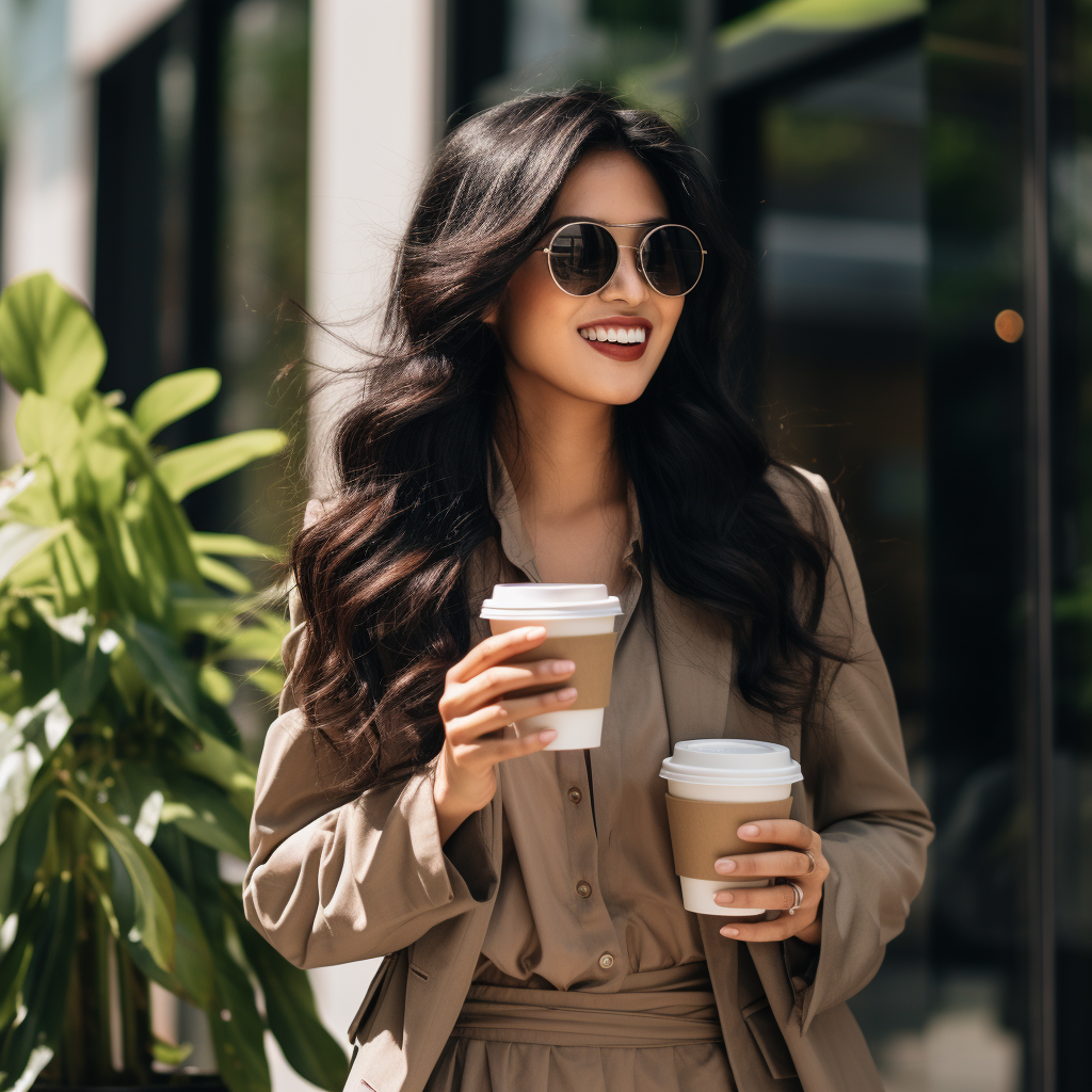 Happy Asian Woman with Coffee outside Business Office (6 words)