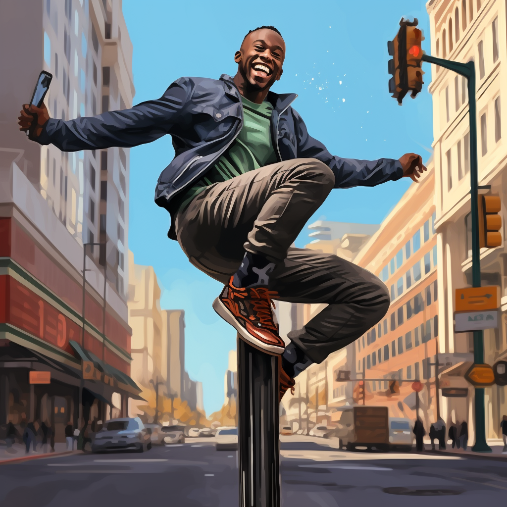 Energetic black male spinning on sidewalk