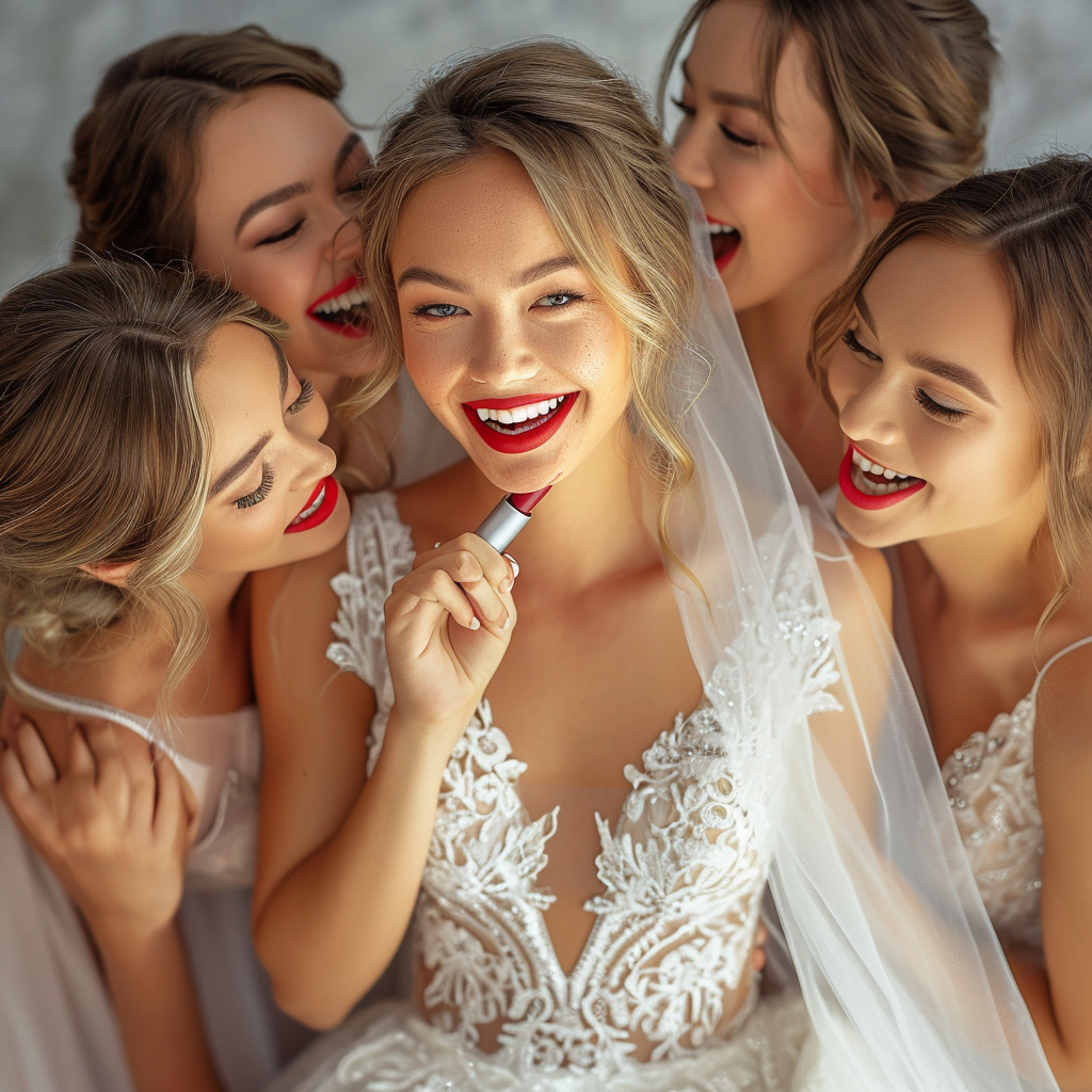 Happy bride with bridesmaids and lipstick