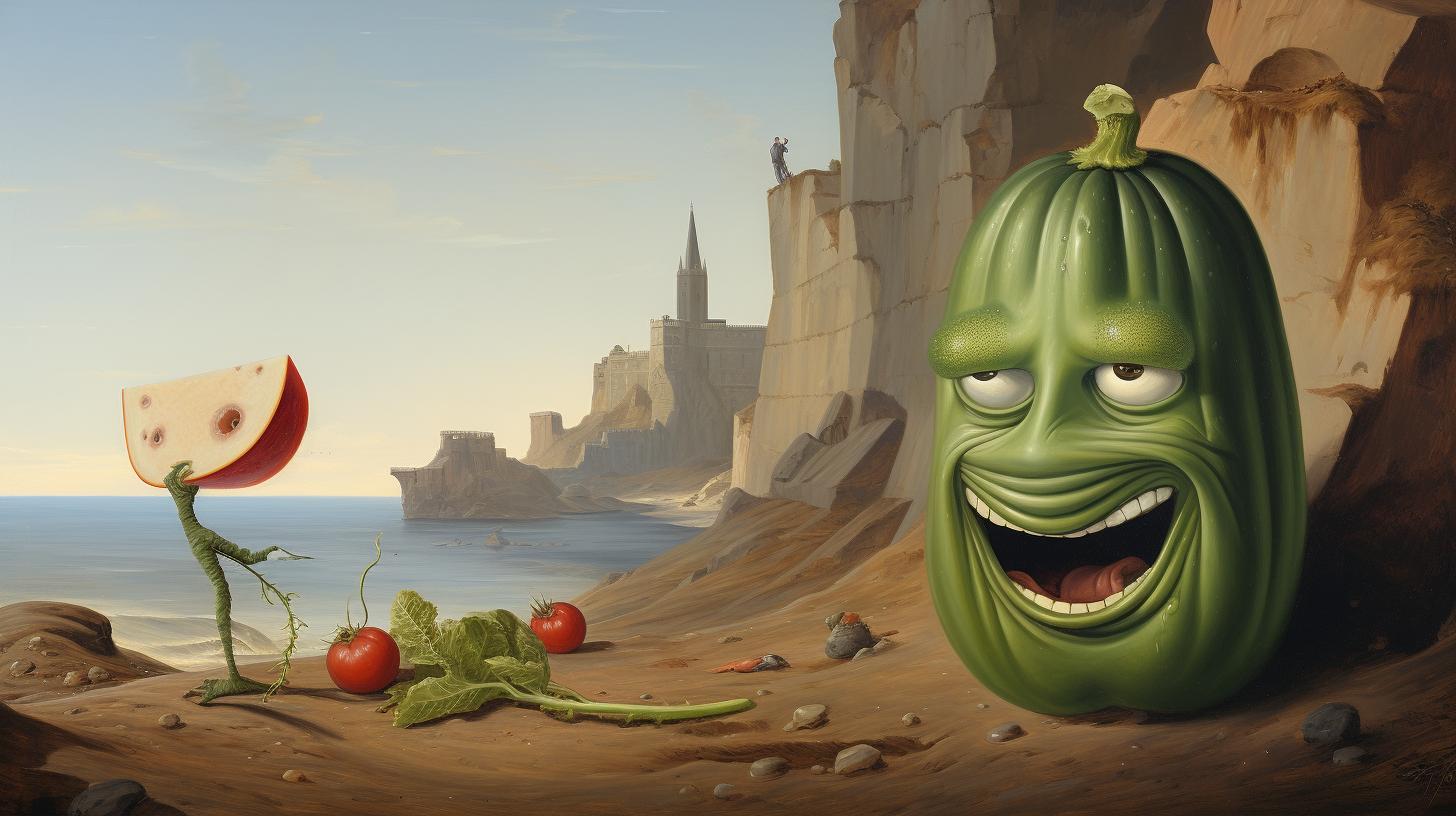 Happy cucumber enjoying a sad tomato on a beach with a cityscape