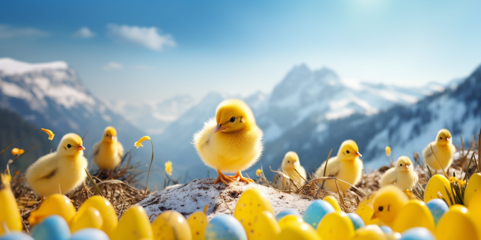 Happy Easter Chicks and Eggs in Snowy Landscape