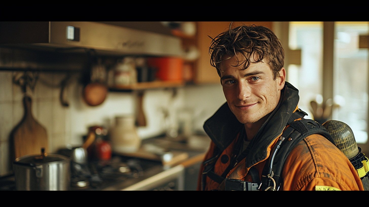 Happy firefighter in modern kitchen