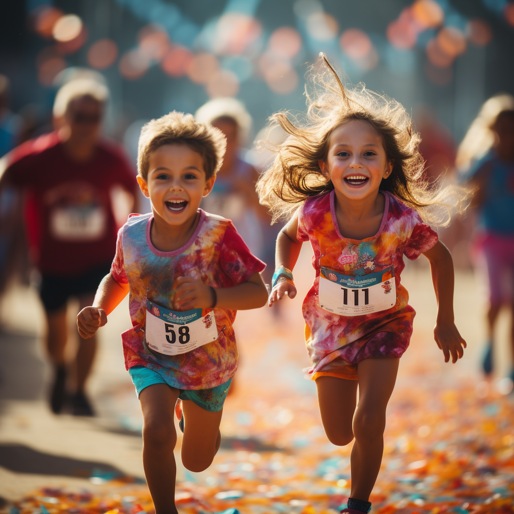 Happy kids racing at the finish line