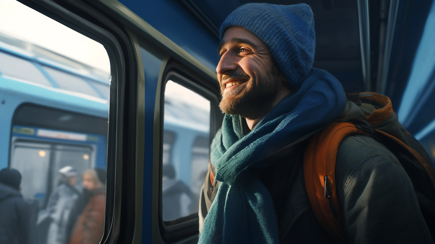 Happy man on train with blue scarf