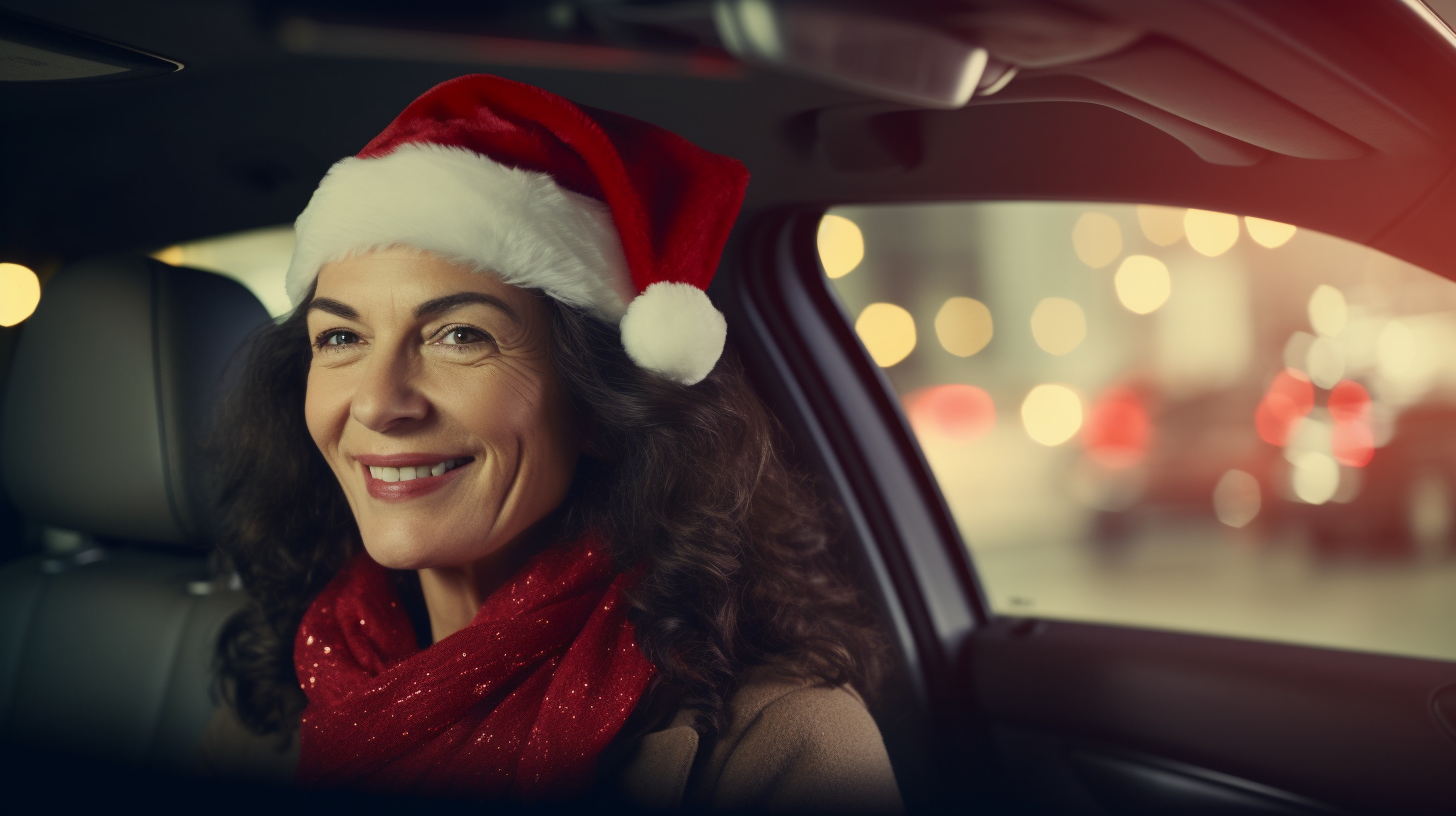 Happy woman driving car with Santa hat