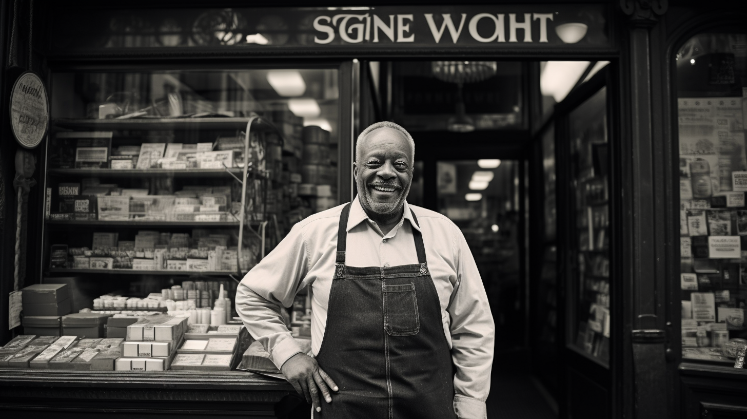 Happy overweight store owner in city