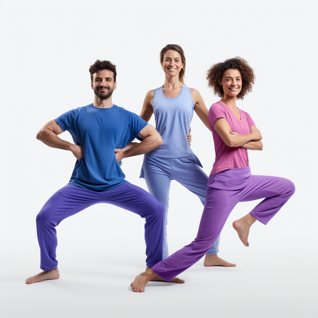 happy people doing yoga in blue purple clothes