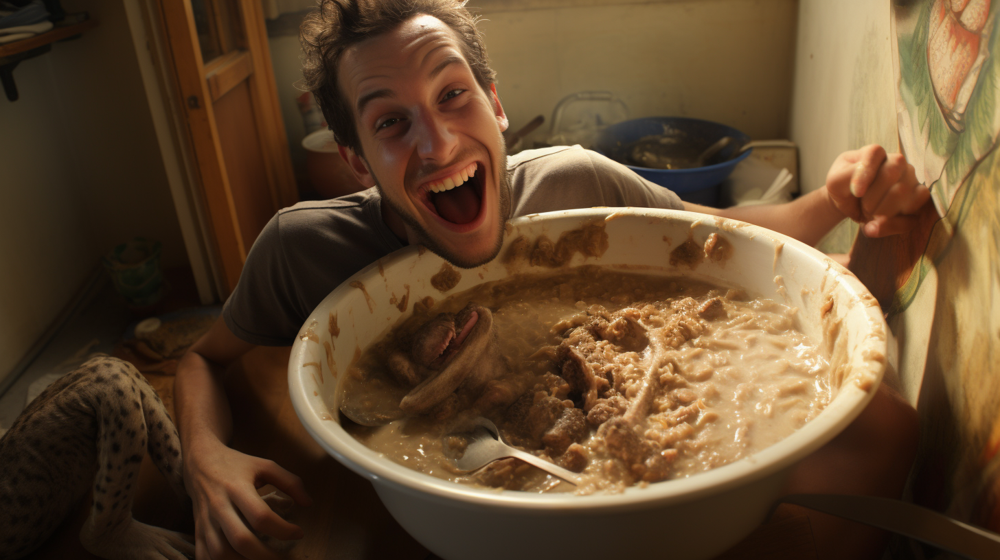 Smiling person enjoying meal from a large bowl