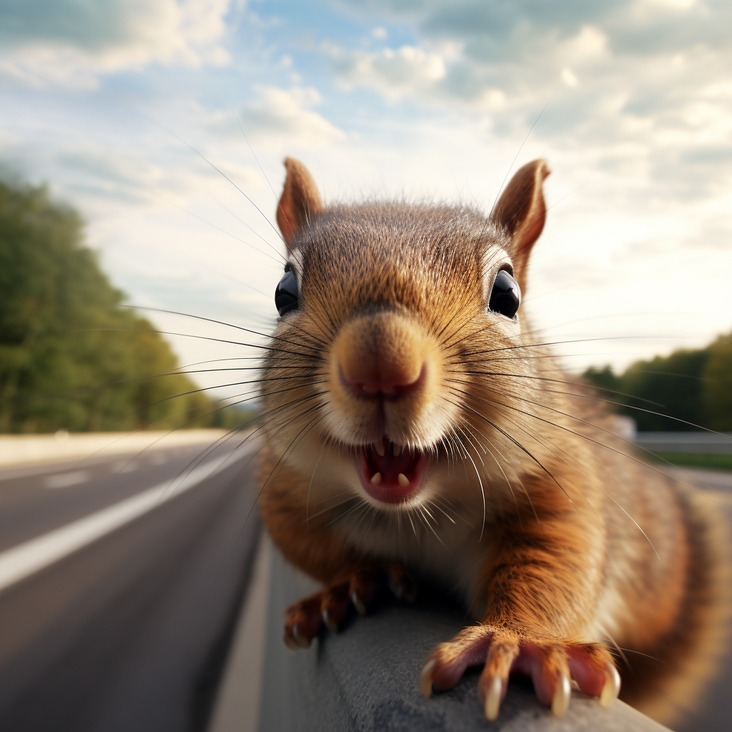 A happy squirrel with a motorway in the background