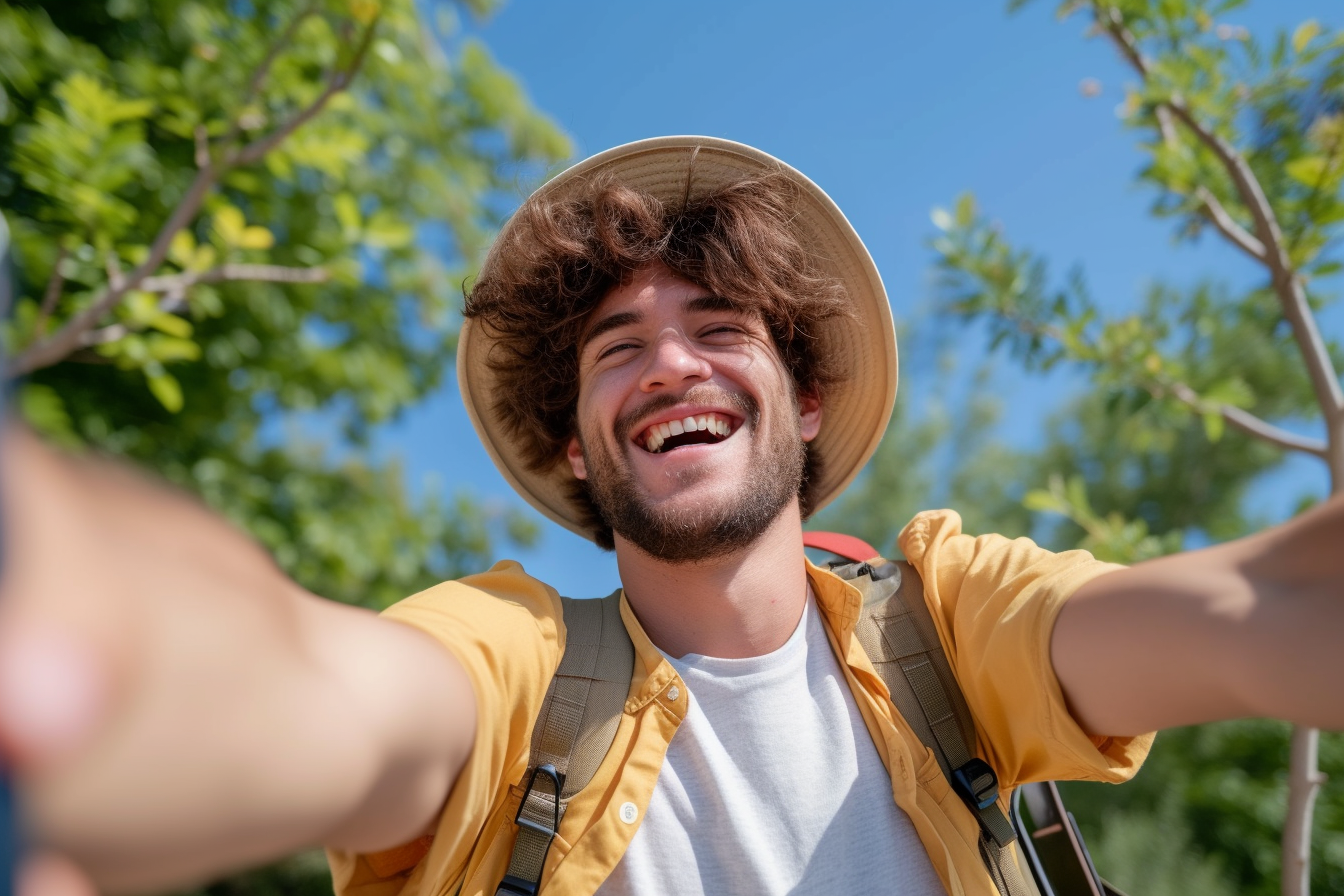 Happy tourist taking self portrait on summer vacation