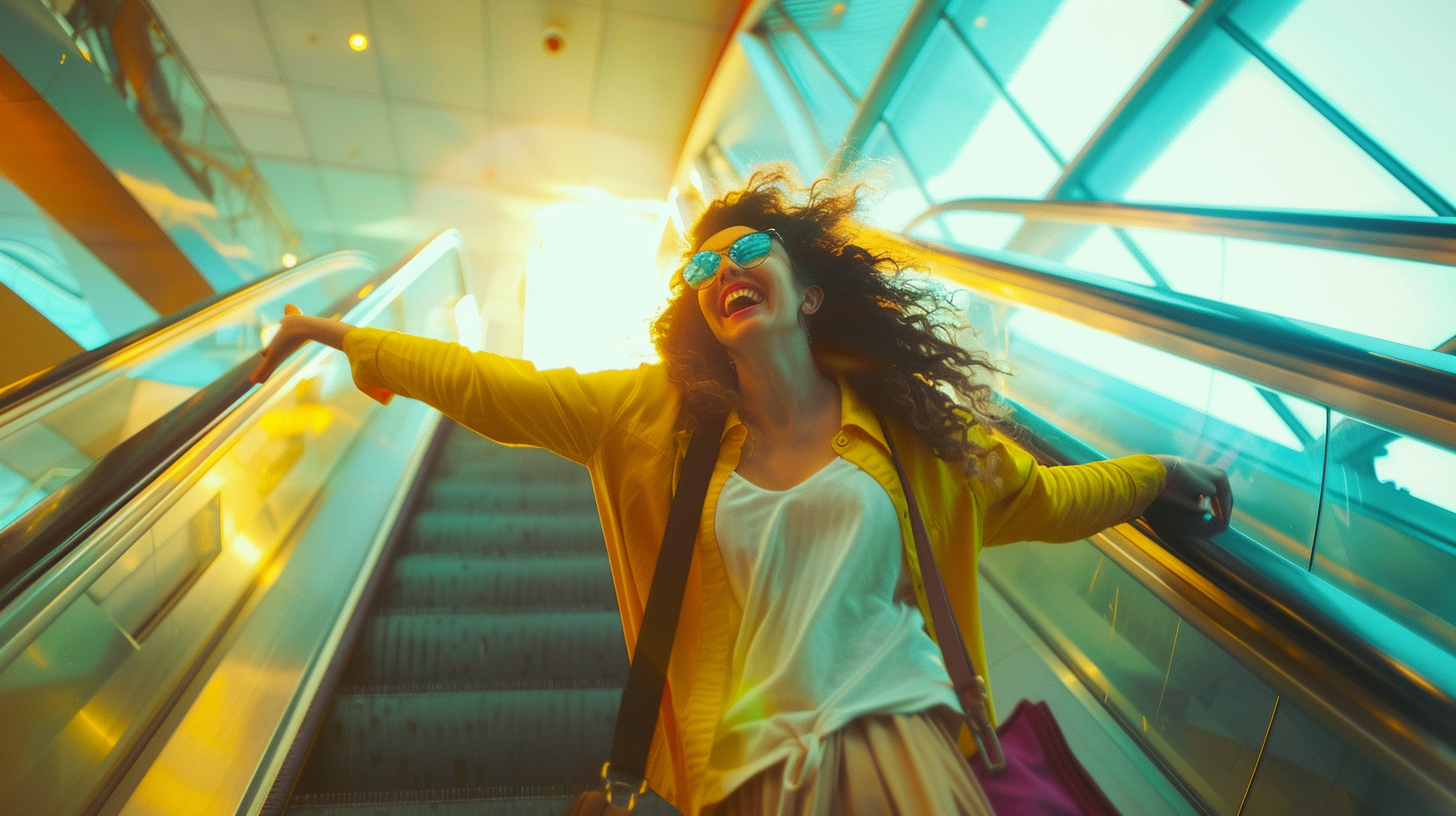 Happy woman on escalator in vibrant colors