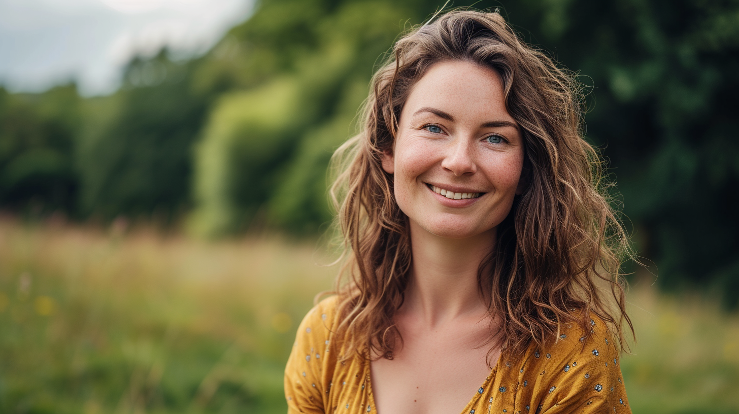 Happy woman with blemishes smiling at camera