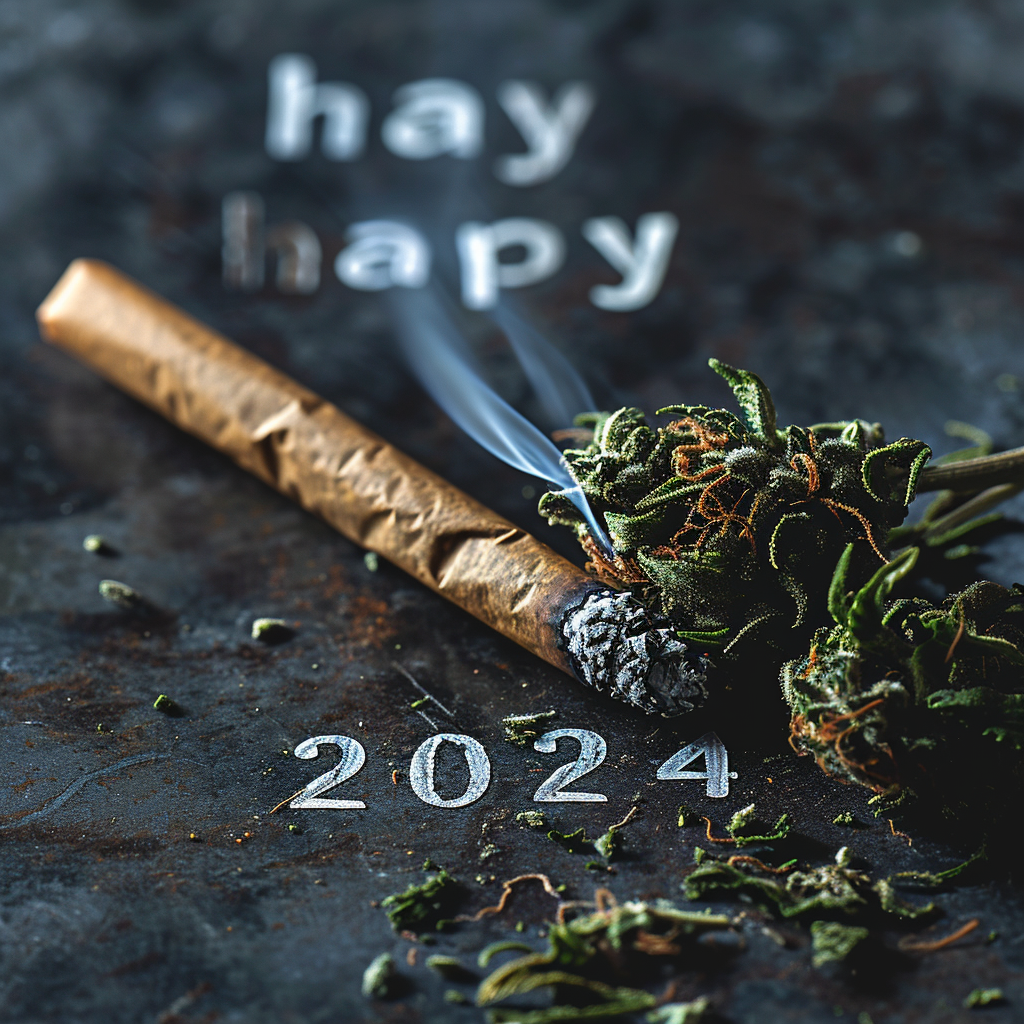 A joyful image depicting  Happy 2024  with a cigarette and weed