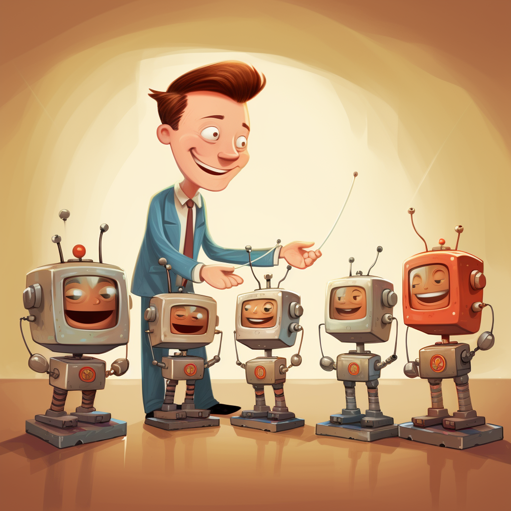 Five small happy cartoon robots working for a human