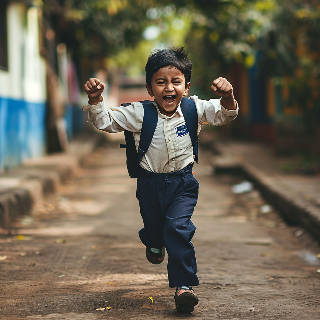 Child running out of school punching the air with joy