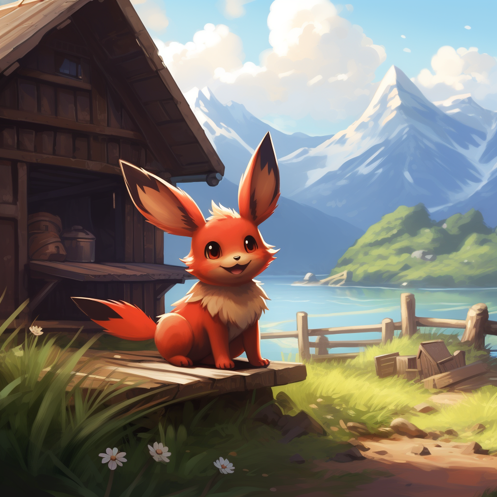 Smiling Eevee in front of a red cabin