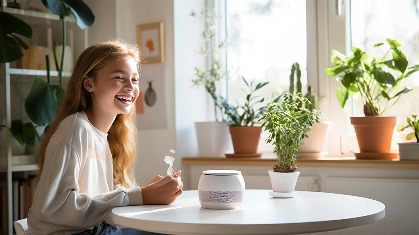 Smiling girl talking to AI virtual teacher