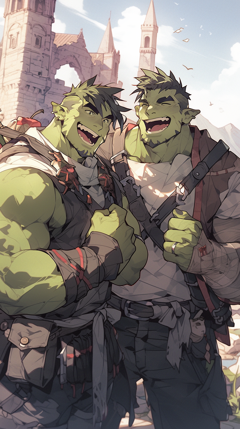 Two happy orcs with firearms