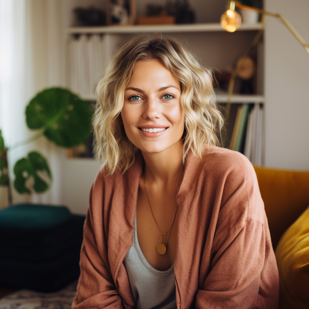 Happy woman in vibrant home office