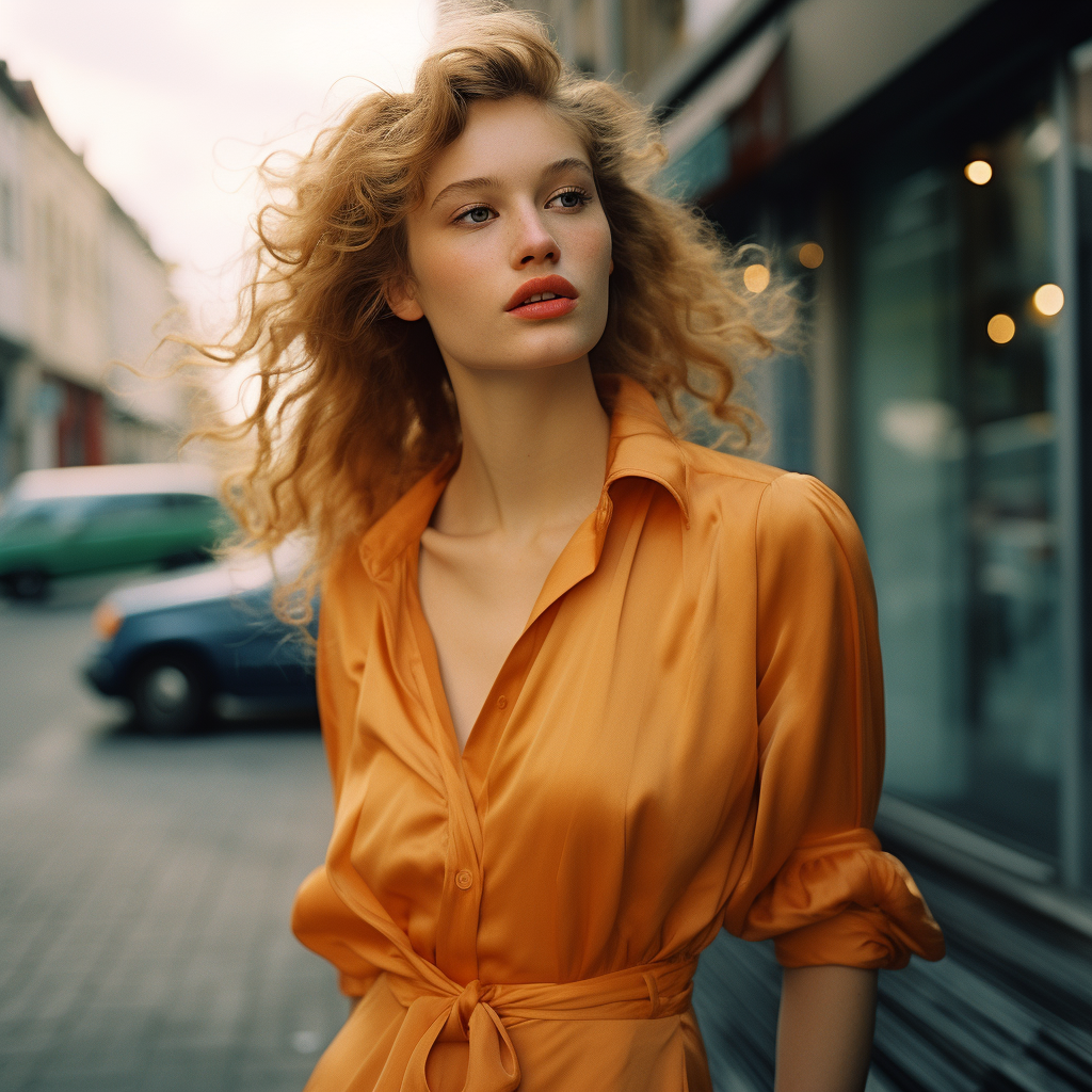 Smiling woman in street wearing pop art outfit