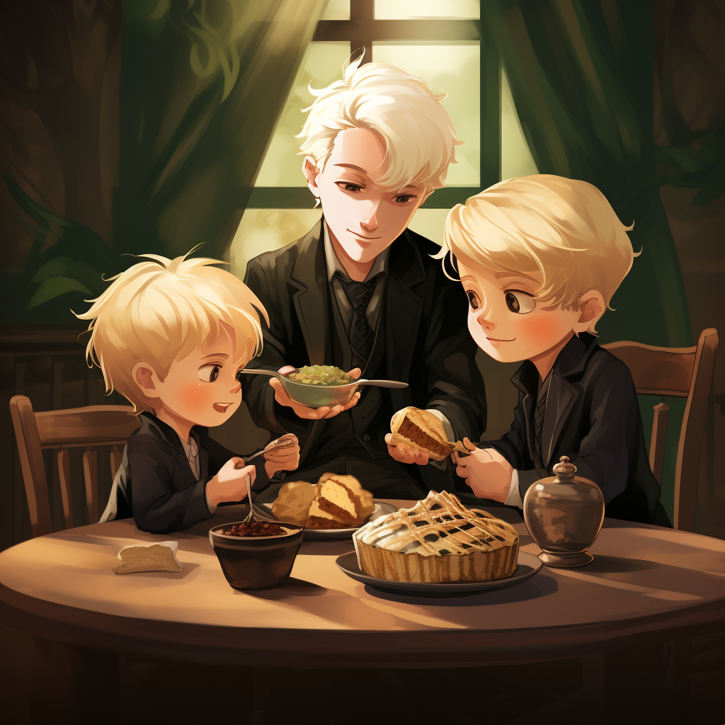 Harry Potter, Draco Malfoy, and Scorpius Malfoy savoring pudding