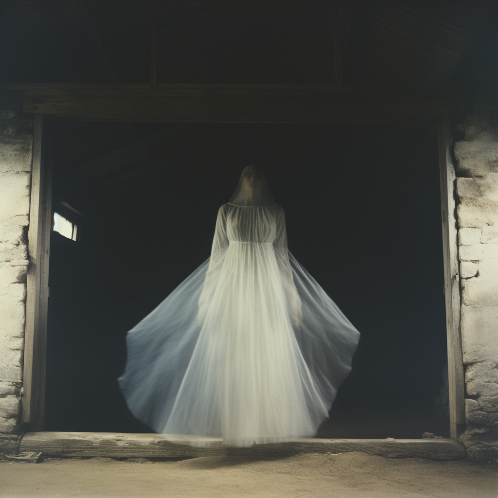 Terrifying ghostly lady in white dress in a barn