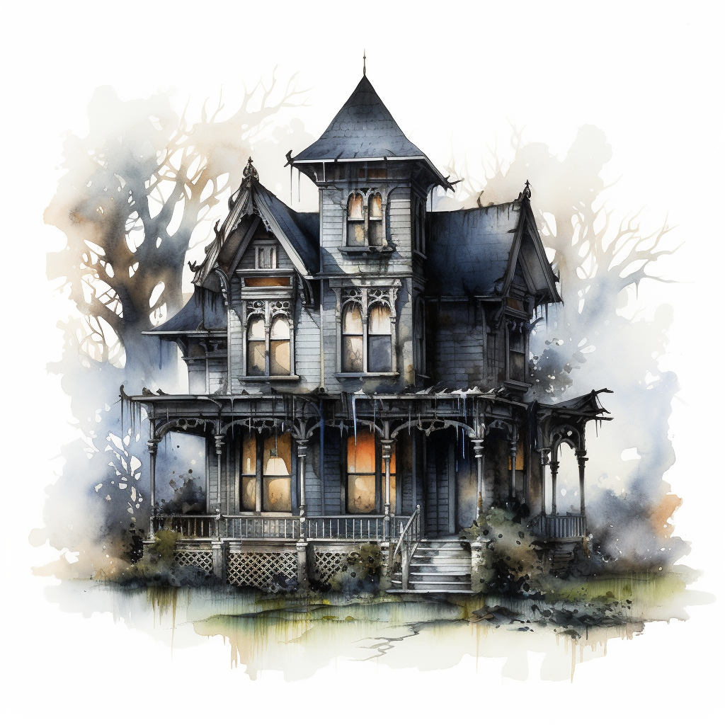 Spooky haunted house watercolor art