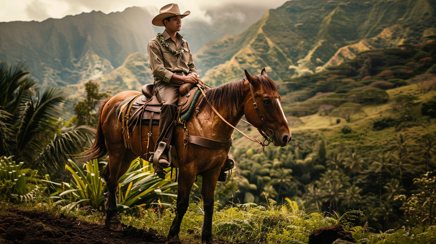 Hawaiian cowboy riding horse