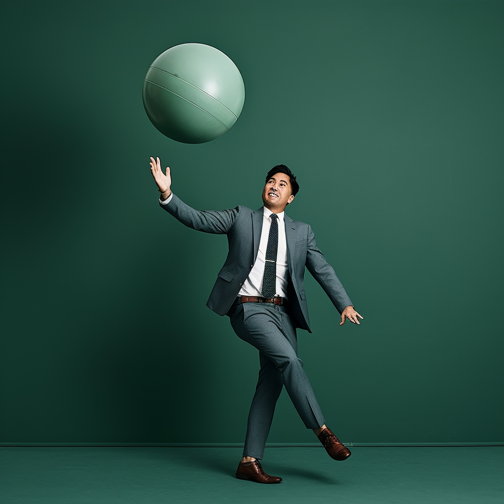 Asian man showcasing strength with green ball